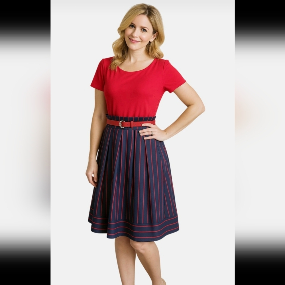 Ross Mayer Nautical Striped Belted Pockets Navy & Red Swing Pin Up Dress Vintage